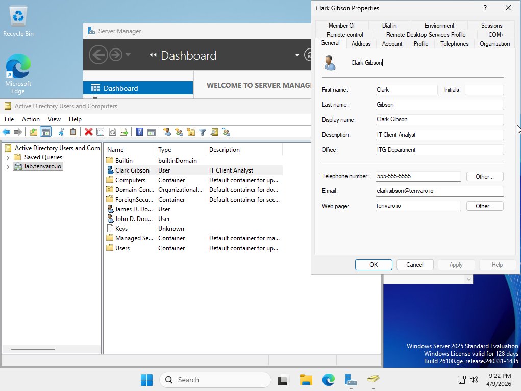 Windows Server 2025 domain controller: Server Manager and Active Directory Users and Computers open on lab.tenvaro.io, showing user object Clark Gibson with properties including display name, description IT Client Analyst, department, and email