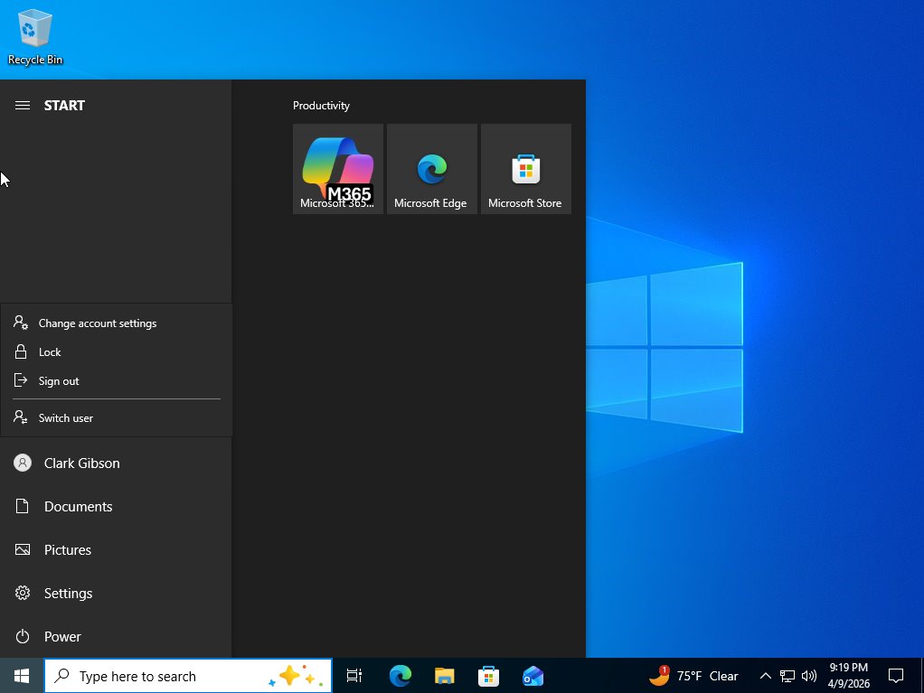 Windows 10 workstation Start menu signed in as domain user Clark Gibson, confirming the provisioned account authenticates on a domain-joined machine